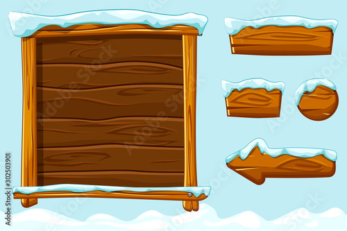 Winter game ui wooden buttons with snow. Vector set wood assets, Interface and buttons For Ui Game