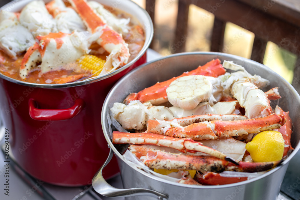 Crab and shellfish in stock pot for a seafood boil
