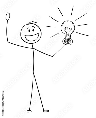 Vector cartoon stick figure drawing conceptual illustration of happy celebrating man or businessman with idea or solution holding shining light bulb in hand.