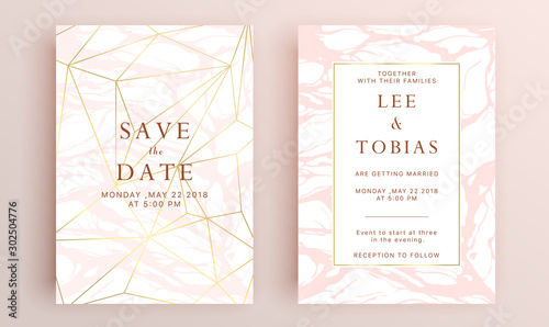 Beautiful set of wedding card templates. Gold collection of geometrical polyhedron, art deco style for wedding invitation, luxury templates, decorative patterns.