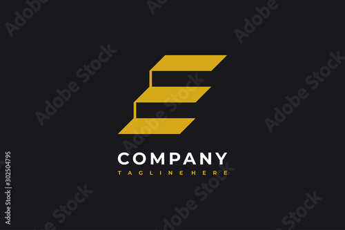 E Letter Line Stripe Stairs Icon Elevate Symbol Vector Logo Concept Design Template isolated on Black Background. Vector Illustration