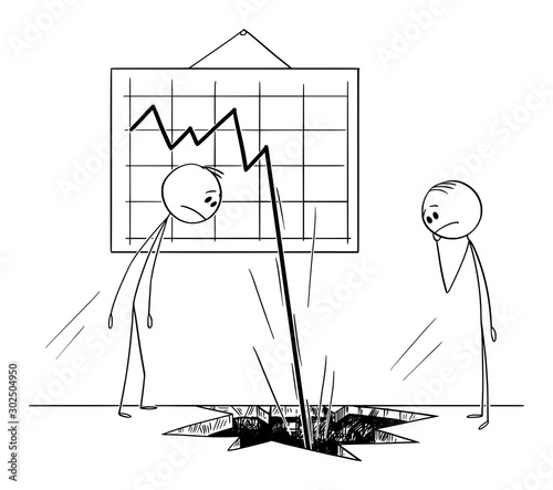 Vector cartoon stick figure drawing conceptual illustration of two businessmen watching frustrated the business chart or graph falling down, and knocking a hole in the ground or floor.