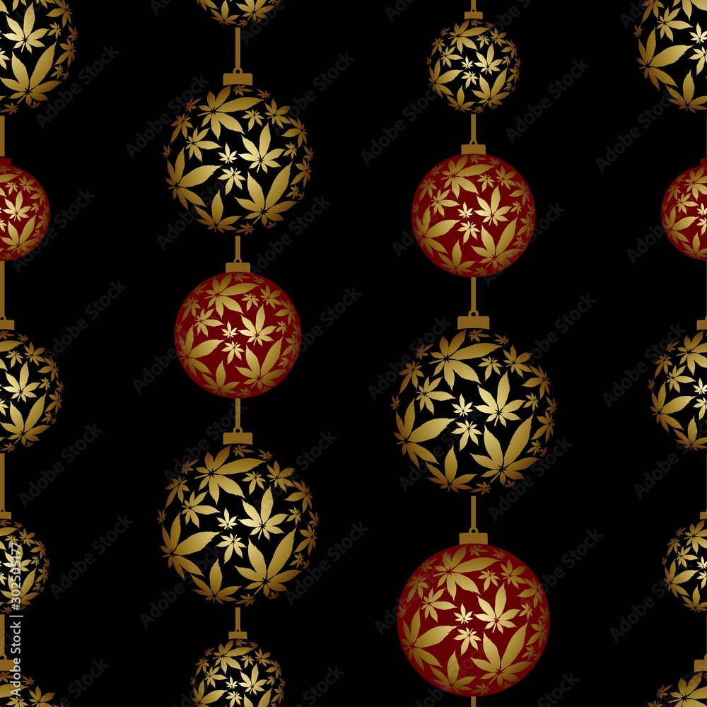 Christmas Ball  and Cannabis leaves seamless  vector pattern