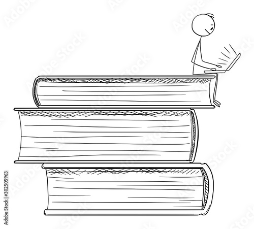 Vector cartoon stick figure drawing conceptual illustration of man sending on pile of big books and working or studying online on Internet on computer.