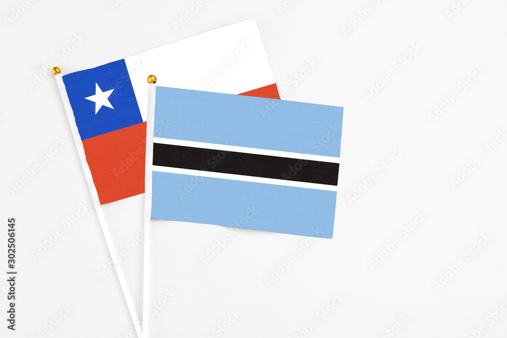 Botswana and Chile stick flags on white background. High quality fabric, miniature national flag. Peaceful global concept.White floor for copy space.