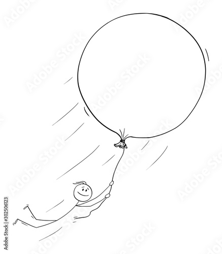 Vector cartoon stick figure drawing conceptual illustration of man or businessman holding balloon and flying free. Concept of dreams,creativity and freedom.