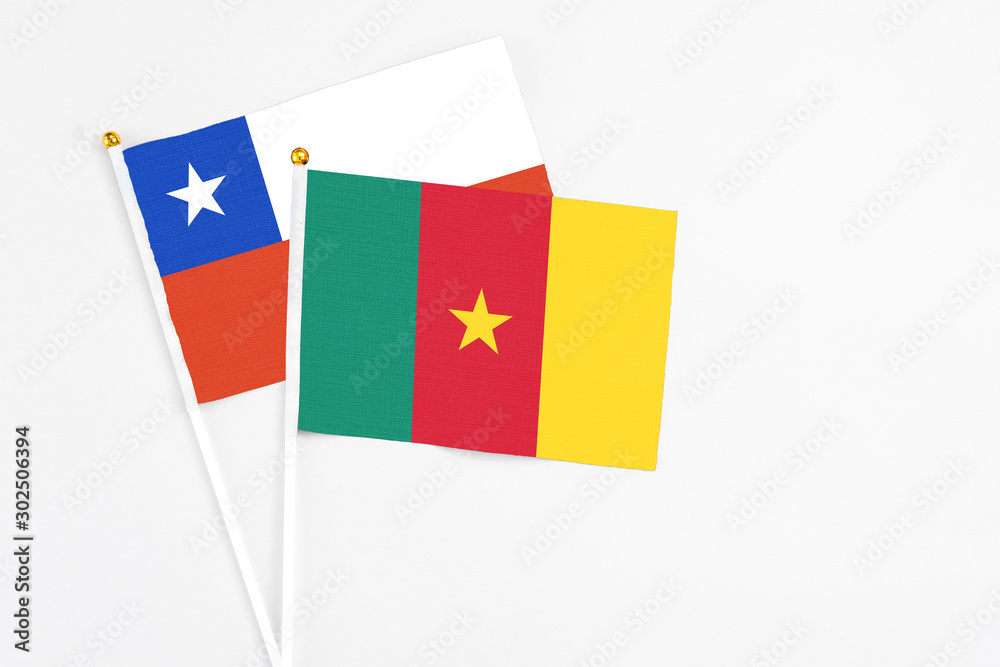 Cameroon and Chile stick flags on white background. High quality fabric, miniature national flag. Peaceful global concept.White floor for copy space. Cameroon and Chile stick flags on white background. High quality fabric, miniature national flag. Peaceful global concept.White floor for copy space.