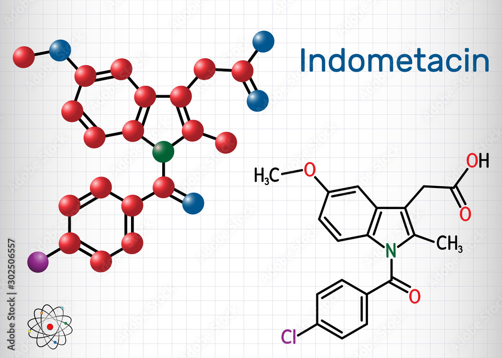 Indometacin molecule, is a nonsteroidal anti-inflammatory NSAID drug. Structural chemical formula and molecule model. Sheet of paper in a cage Indometacin molecule, is a nonsteroidal anti-inflammatory NSAID drug. Structural chemical formula and molecule model. Sheet of paper in a cage