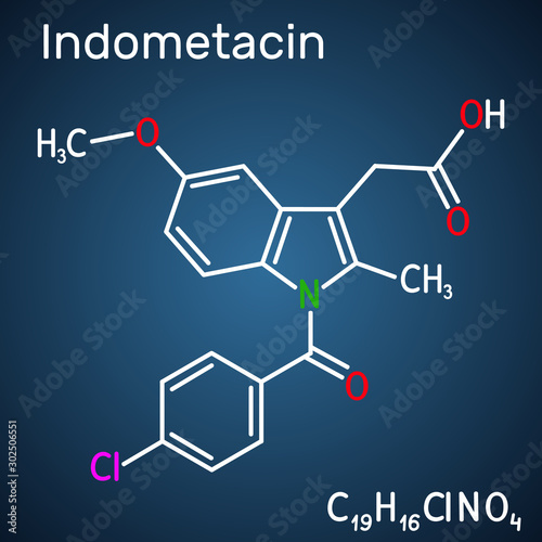 Indometacin molecule, is a nonsteroidal anti-inflammatory NSAID drug. Structural chemical formula on the dark blue background