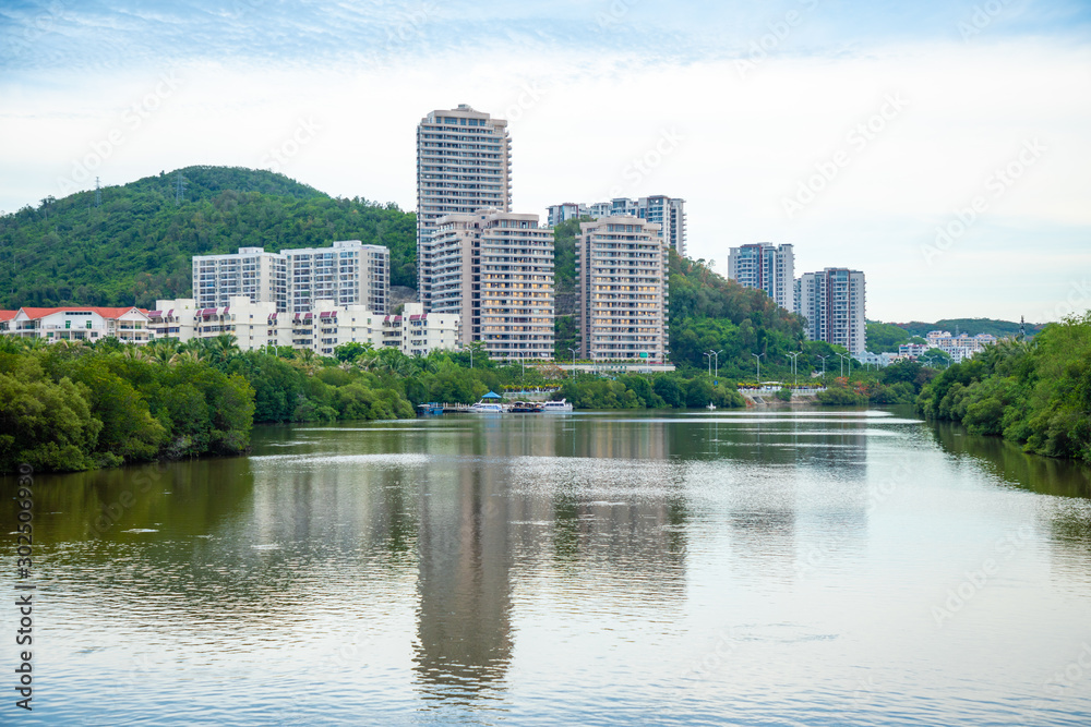 Panorama of the city of Sanya from the center of the river. He Ping Jie, Tianya Qu, Sanya Shi, Hainan Sheng, China