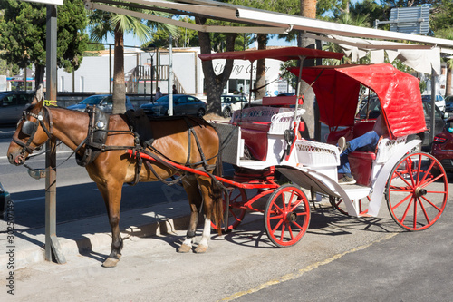 Horse-drawn carriages in the parking lot near the bus stop.