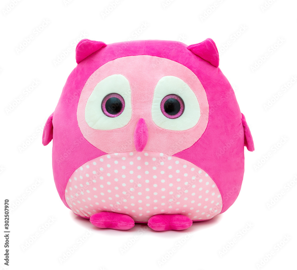 Cute pinky owl doll isolated on white background with shadow reflection. Owl the bird of prey on