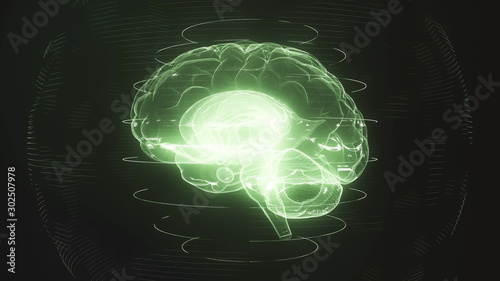 Futuristic green digital brain in particle cyberspace. Neurons firing in MRI scan of artificial intelligence neural network. Medical research of brain activity. Deep learning, AI and modern technology photo