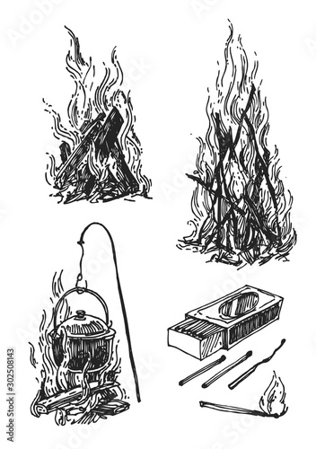 Campfire sketch vector illustration. Hand drawn style picture could be used for web