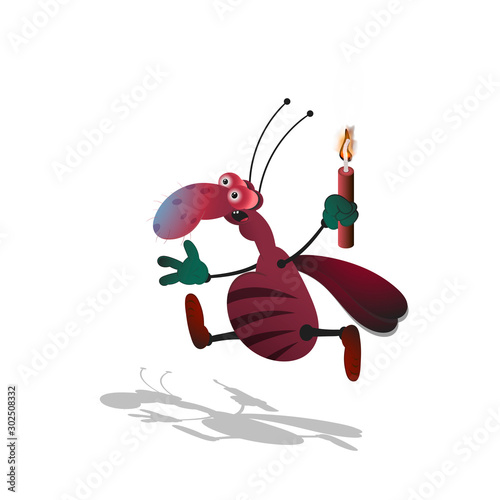 cartoon striped cockroach with bulging eyes runs and holds dynamite in his hand. Isolated illustration on a white background with a shadow.