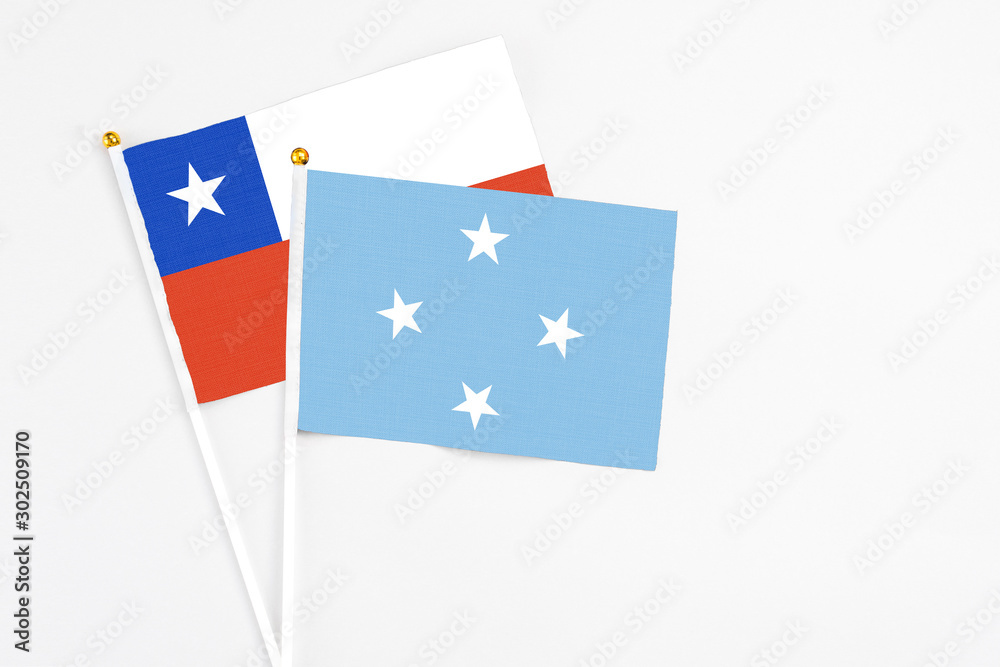 Micronesia and Chile stick flags on white background. High quality fabric, miniature national flag. Peaceful global concept.White floor for copy space. Micronesia and Chile stick flags on white background. High quality fabric, miniature national flag. Peaceful global concept.White floor for copy space.
