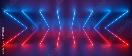 3d neon light abstract background, red blue lines sequence, glowing arrows, holographic technology, virtual reality space, ultraviolet spectrum, laser show