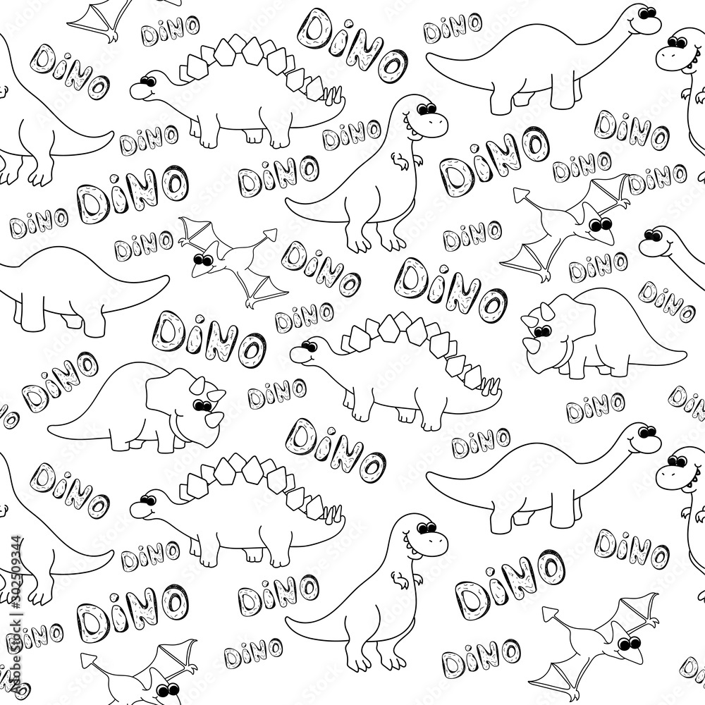Dinosaurs. Seamless pattern with the inscription Dino. Vector illustration in doodle style. Hand drawn. Linear. Black and white.