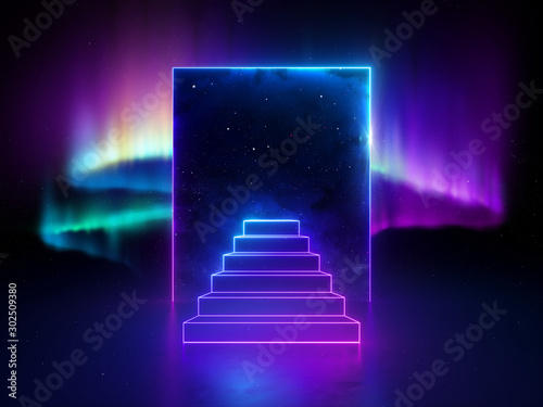 Fototapeta Naklejka Na Ścianę i Meble -  3d abstract neon background, dreaming metaphor, aurora borealis behind the rectangular portal and steps, ultraviolet spectrum, glowing pink blue light, night starry sky, cosmic space