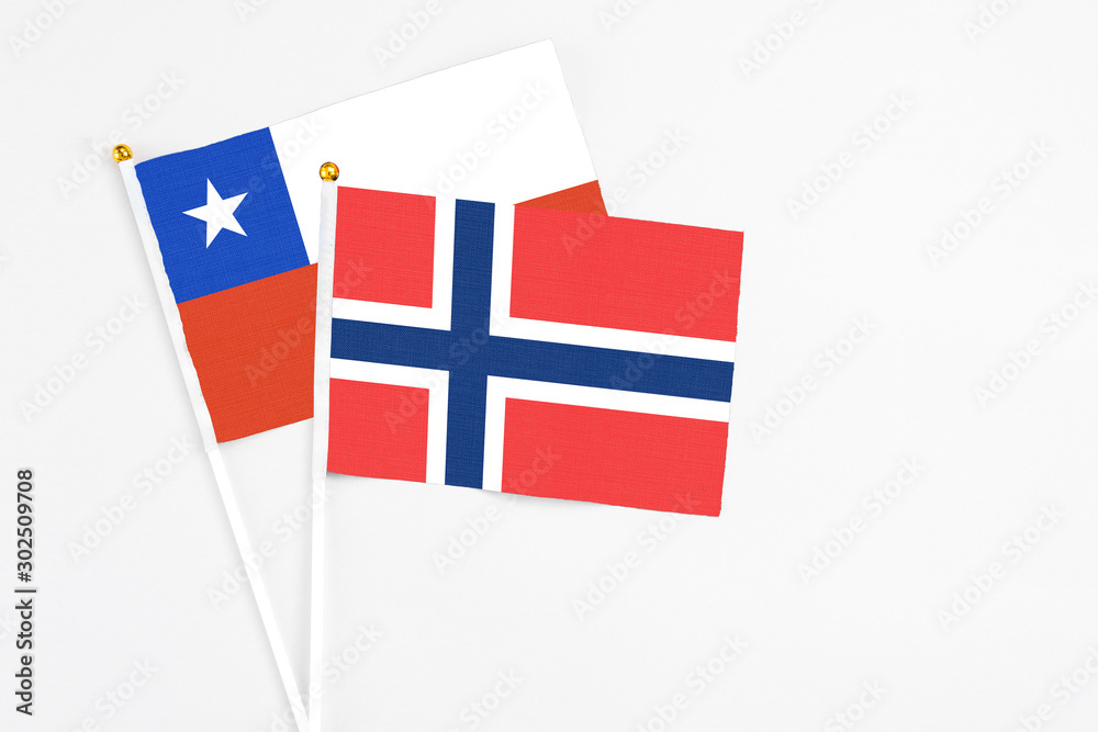 Norway and Chile stick flags on white background. High quality fabric, miniature national flag. Peaceful global concept.White floor for copy space.