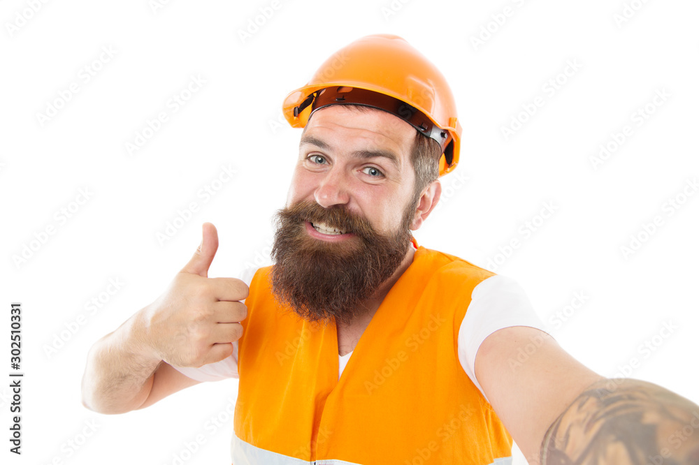 Master committed to superior quality and results. Master builder give thumbs up hand. Bearded man master happy smiling isolated on white. Worker in protective helmet and safety vest. Master of craft Master committed to superior quality and results. Master builder give thumbs up hand. Bearded man master happy smiling isolated on white. Worker in protective helmet and safety vest. Master of craft