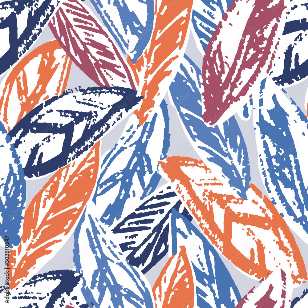 Vector colorful seamless pattern with leaves. Hand drawn boho background, organic texture with blue and orange decor element.