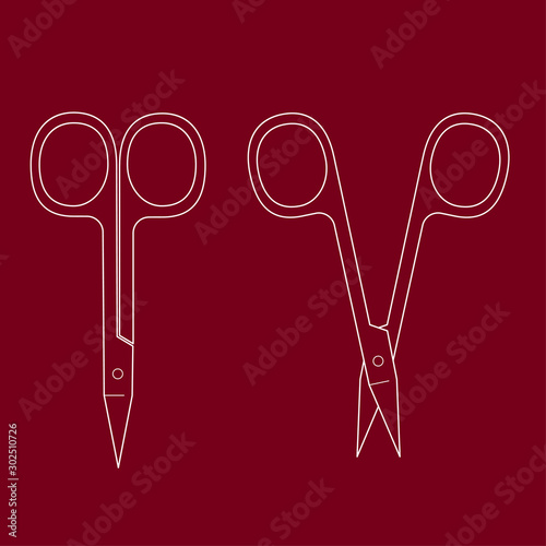 Illustrations of silhouette of opening and closing nail scissors. Thin line vector.