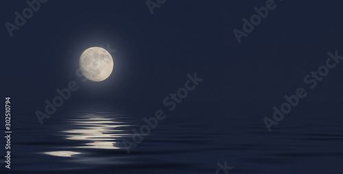 full moon in the sky on a dark blue background reflection in the sea ocean water. 3D illustration 3D render