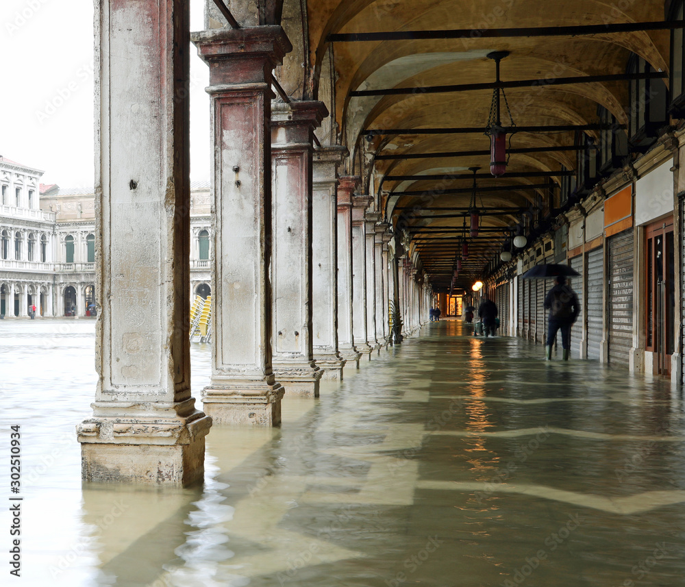 under the arcades of piazza san marco in Venice during the flood