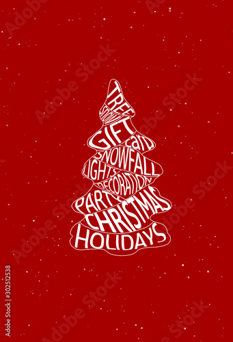 White words related to Christmas collected on red background in the form of Christmas tree. Creative christmas tree concept. Greeting card.