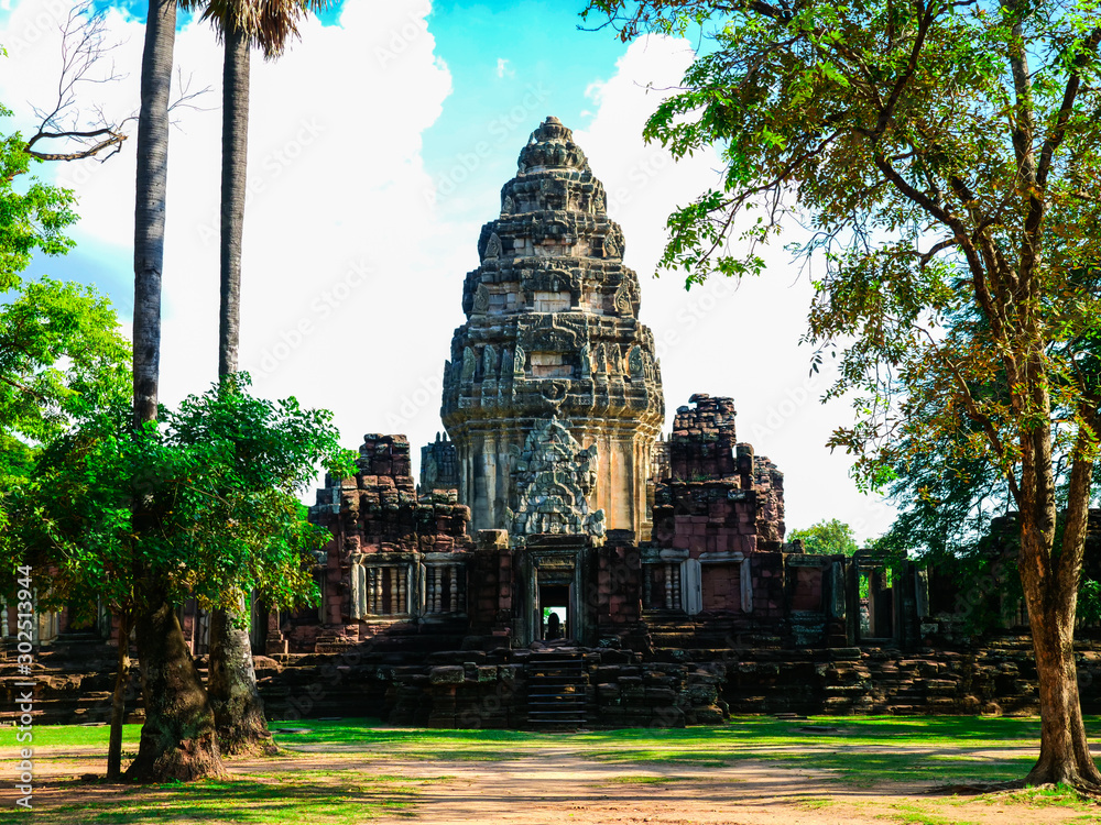 Landscape Phimai castle, tourist attraction, ancient stone castle, Khmer period in Thailand