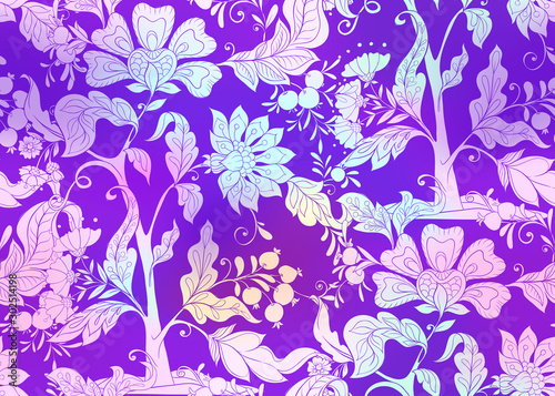 Fantasy floral seamless pattern in jacobean embroidery style  vintage  old  retro style. Vector illustration in bright pink  purplecolors.