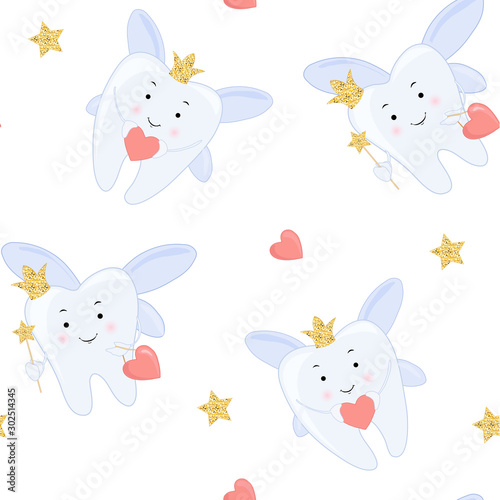 Tooth fairy Vector cartoon illustration. Stylized tooth Seamless pattern, background.