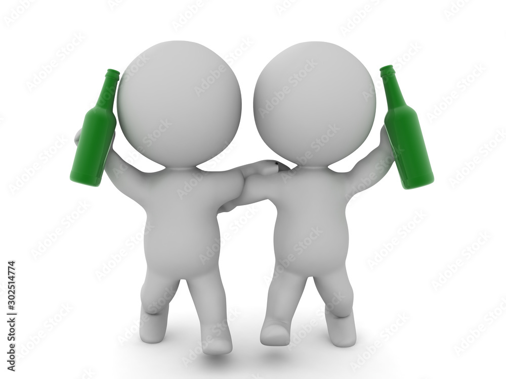 Two 3D Characters walking and celebrating by drinking