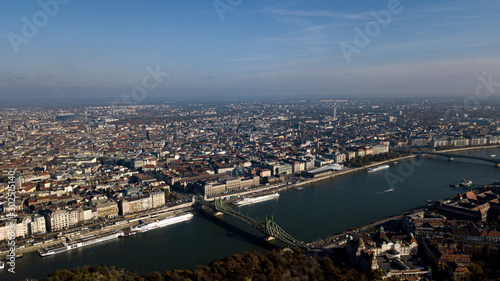 View of Budapest and the capital of Hungary from a height shooting on a drone. The main attractions in the city panorama, bridges, the old city, the palace, parliament. Top view.