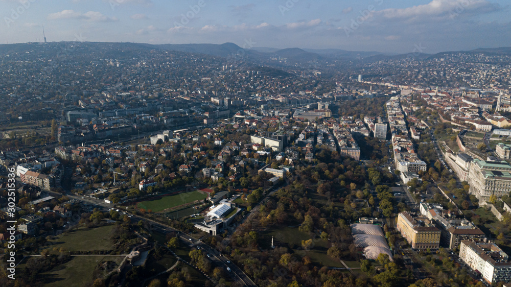 View of Budapest and the capital of Hungary from a height shooting on a drone. The main attractions in the city panorama from the side of Buda.