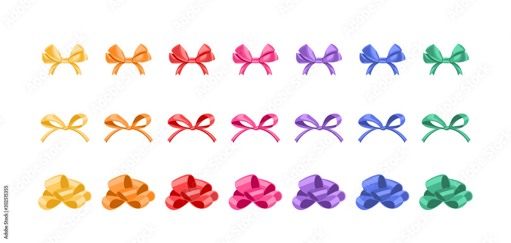 Set of colored bows of different shapes isolated on white background. Vector illustration of holiday decoration elements, festive design in cartoon simple flat style.