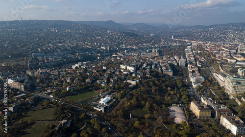View of Budapest and the capital of Hungary from a height shooting on a drone. The main attractions in the city panorama from the side of Buda.