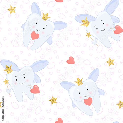 Tooth fairy Vector cartoon illustration. Stylized tooth Seamless pattern, background.
