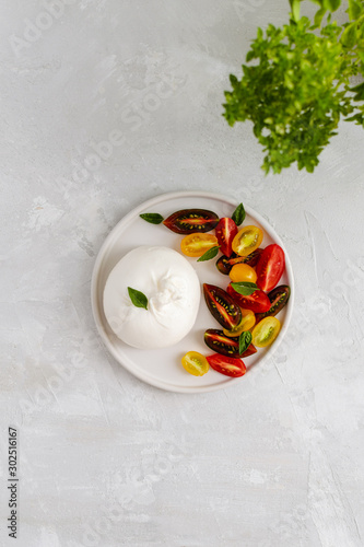 Salad with italian burrata cheese, fresh ripe tomatoes and basil