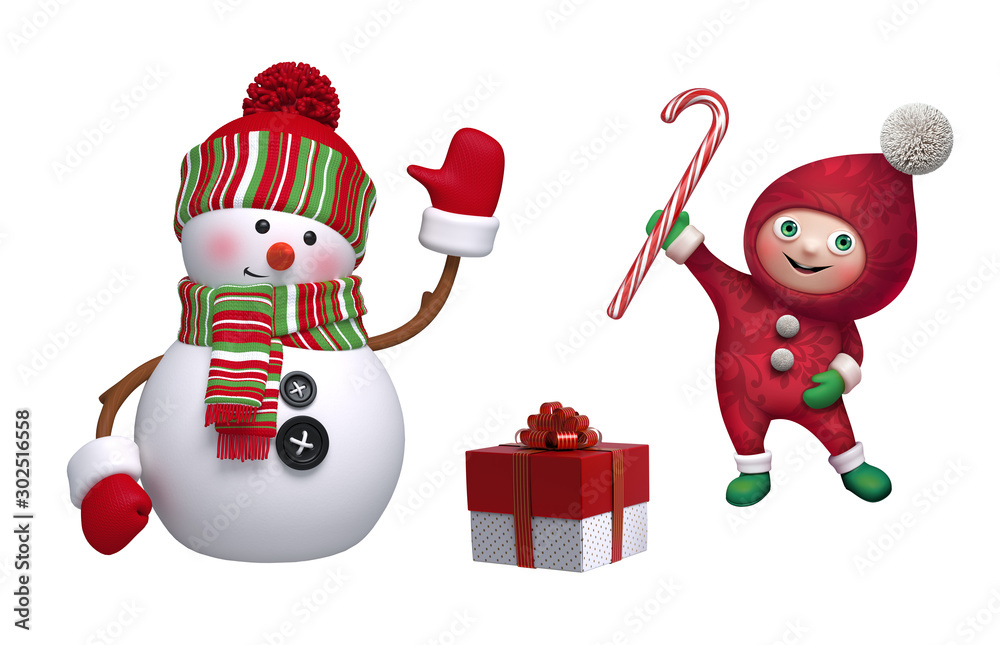 Christmas clip art collection. 3d render of cute snowman, funny elf,  wrapped gift box, candy cane, isolated on white background. Seasonal  ornaments, decor elements. Festive icon set. Stock Illustration | Adobe  Stock