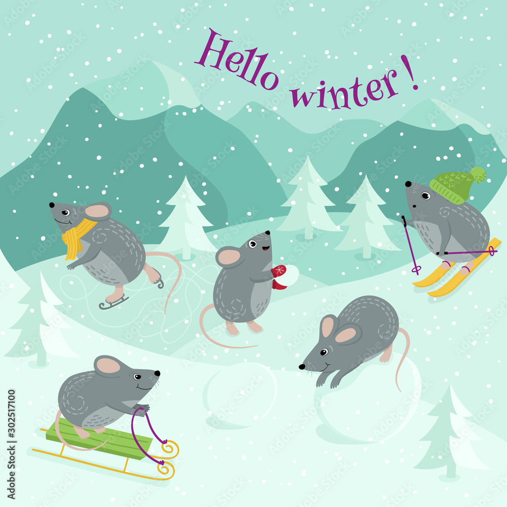 Funny mice play winter games: skiing, playing snowballs, sledding, ice skating, sculpting a snowman. Vector illustration Hello winter.