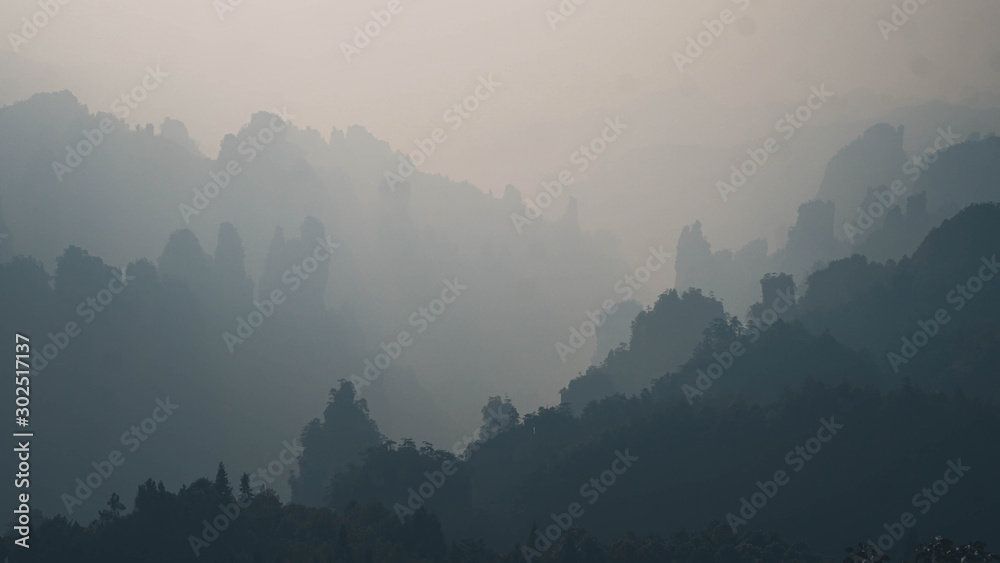Fototapeta premium Mglisty wschód słońca w dolinie gór skalnych Chin. Zhangjiajie Wulingyuan