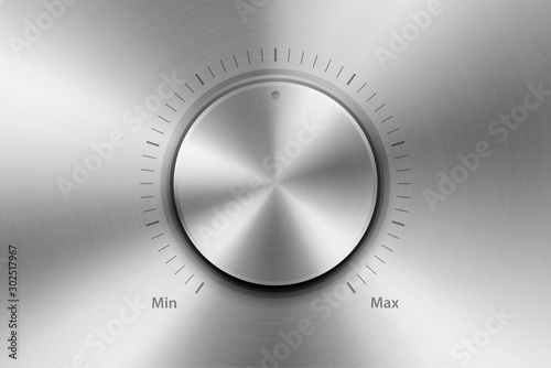 Realistic Metallic Steel Chrome Silver Knob. Design Template of Metal Textured Circle Button Closeup. Circular Processing, Power Volume Playback Control, Mininmum, Maximum. Stock Vector Illustration