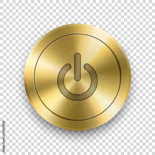 Vector 3d Realistic Metallic Golden Knob. Design Template of Metal Gold Textured Circle Button Closeup. Playback Control, On and Off, Start, Power Push-Button. Design Template for Web, app