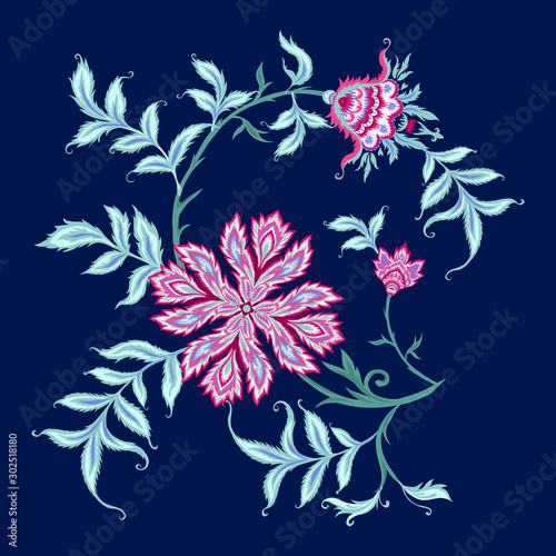 Ethnic pattern element in kalamkari style, fantasy floral pattern. Colored vector illustration.