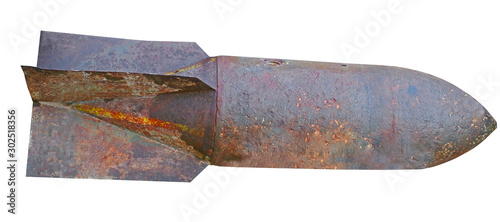 Old rusted World War II aerial bomb on white