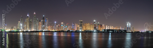 Dubai skyline panorama at night showing skyscrapers and new constructions and lights on the water © Igor Shaposhnikov