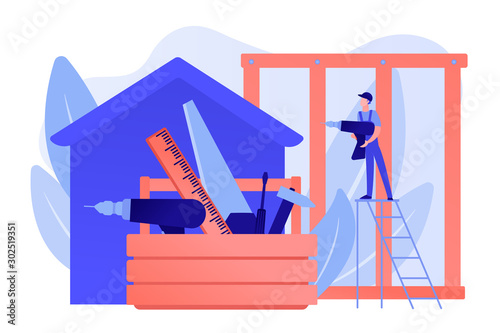 Building construction site. Handyman working. Carpenter services, building maintenance and home renovation, get local carpenters concept. Pinkish coral bluevector isolated illustration