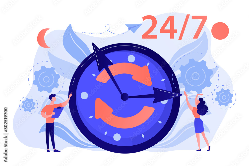 Businessman and woman near huge clock with round arrows working 24 7. 24 7  service, business time schedule, extended working hours concept. Pink coral  blue vector isolated illustration Stock Vector | Adobe Stock